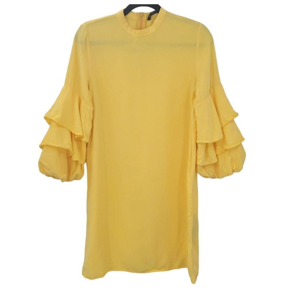 Zara Frilled Tiered Mini Dress Womens Yellow Crew Neck Small 3/4 Sleeves Flowy